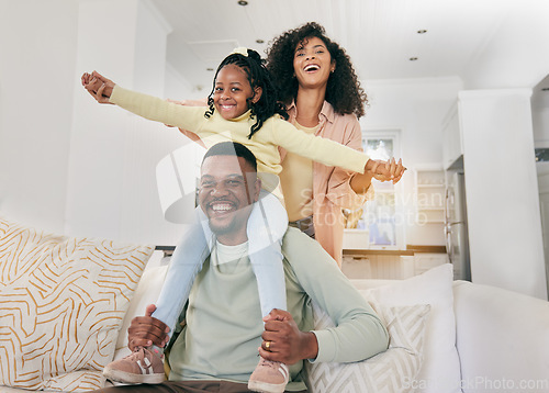 Image of Portrait, love and black family on couch, quality time and happiness for bonding, loving and playing on weekend break. Face, parents and mother with father, female kid and child on sofa, smile or joy