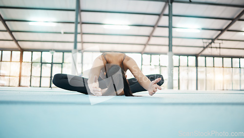 Image of Gymnastics, stretching and sport woman in a gym for exercise and flexibility training. Lotus pose, wellness and pilates of a female gymnast on a sports mat for workout and fitness in health studio