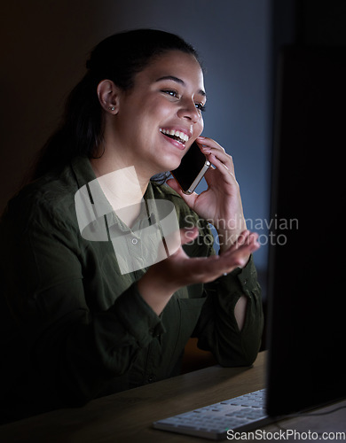 Image of Phone call, happy and night with a business woman in her office, working late on an overtime deadline. Mobile, contact and dedication with a female employee chatting in the evening at work