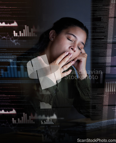 Image of Yawn, digital hologram and woman at night in office for coding, programming and information technology. 3d screen overlay, networking and tired, exhausted and sleepy female worker on computer at desk