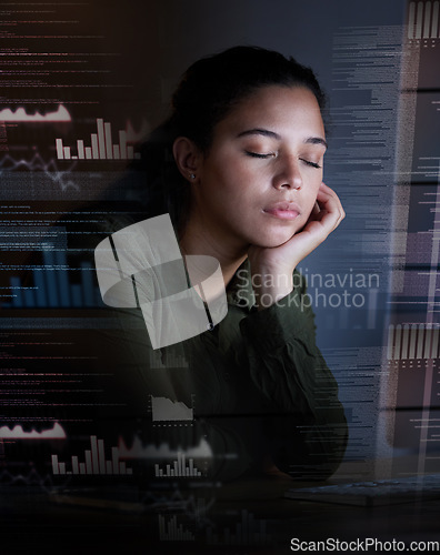 Image of Sleeping, hologram and woman at night in office for coding, programming and information technology. Digital screen overlay, network and tired, exhausted and sleepy female worker on computer at desk