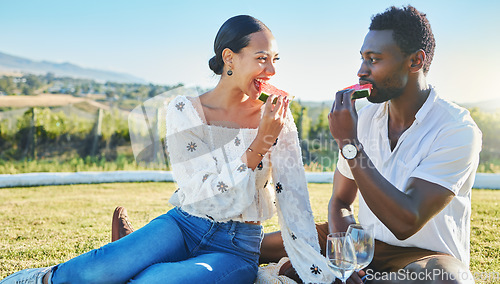 Image of Watermelon, love or black couple on a picnic to relax on a summer holiday vacation in nature or grass. Partnership, romance or happy black woman enjoys traveling or bonding with a funny black man