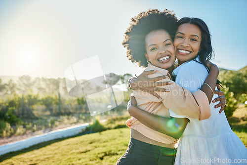 Image of Nature park, hug and portrait of friends relax together on outdoor grass field for quality time, peace and freedom mockup. Sun lens flare, friendship reunion and African women bond in Jamaica mock up