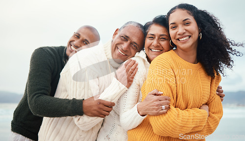 Image of Portrait, happy family and hug at the beach by siblings with mature parents on holiday, happy and bonding. Face, love and senior couple happy on retirement vacation while embracing adult children