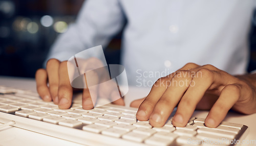 Image of Computer keyboard, hands and business man typing online data analysis, feedback report or customer experience insight. Brand monitoring software, social media research and worker review web analytics