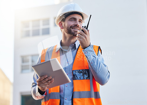 Image of Engineering, construction worker or man for project management, planning and communication on tablet and walkie talkie. Architecture, contractor or builder person with 5g technology at industrial job
