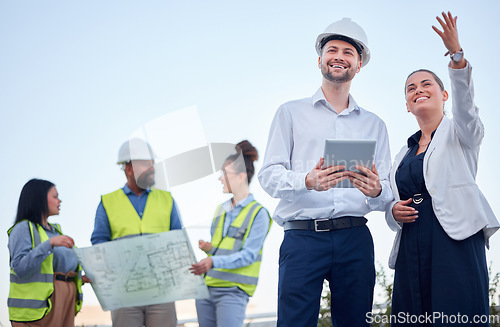 Image of Outdoor, blueprint and architecture people planning, teamwork and collaboration at construction site. Engineering project, floor plan and manager woman talking to contractor of building development