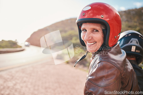 Image of Motorcycle, travel and portrait of senior woman with man on a road for driving, adventure and freedom. Face, bikers and old couple on motorbike, happy and having fun on retirement, journey or highway