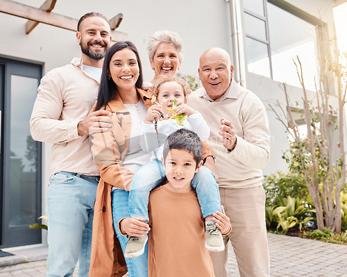 Image of Big family portrait, man and woman with kids, grandparents and smile together at holiday home with love. Parents, children and generation with happiness, care and bonding in summer sunshine at house