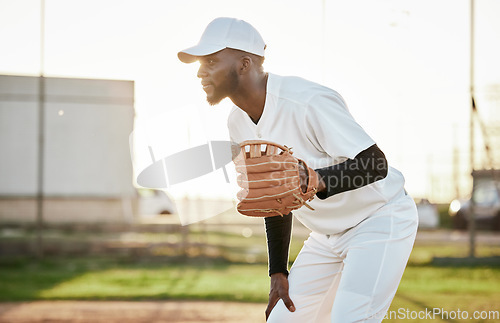 Image of Athlete, baseball player or hand glove on field, sports or arena ground in game, match or competition. Black person, softball or mitt in fitness, exercise or training workout in pitcher stadium flare
