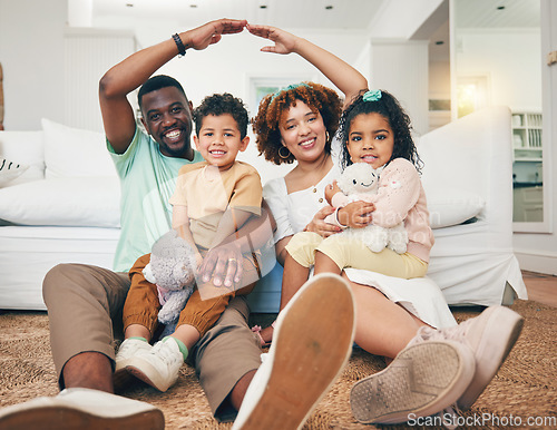 Image of Family, security and insurance with parents and children in portrait, hands together for roof with shelter and safety. Black man, woman and kids, together and love with care, cover for home and life