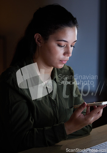 Image of Web search, internet and phone with woman in office at night for networking, 3d hologram and connection. Technology, url and seo with employee and webpage for information, data and social media