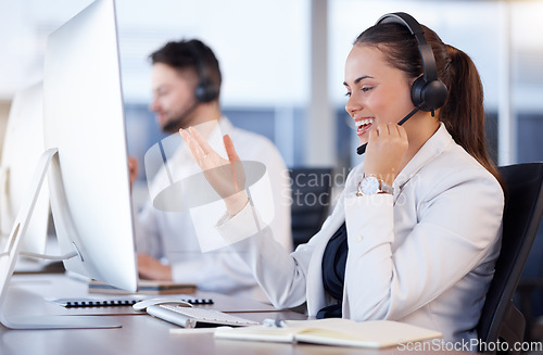 Image of Contact us, call center or friendly woman speaking in telecom communications company in help desk. Happy smile, crm or insurance sales agent working or talking online in technical or customer support