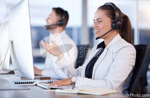 Image of Contact us, call center or friendly woman talking in telecom communications company in help desk. Happy smile, crm or insurance sales agent working or speaking online in technical or customer support