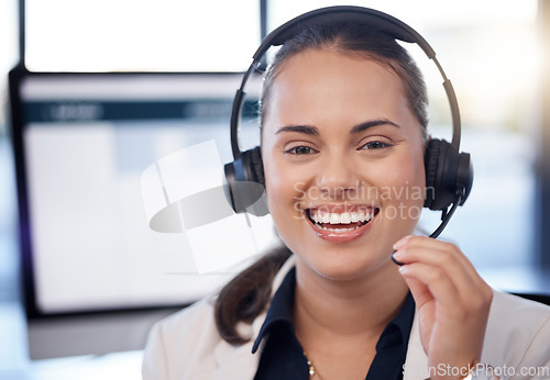 Image of Contact us, call center or portrait of friendly woman in telecom communications company in help desk. Happy smile, crm or face of insurance sales agent working online in technical or customer support