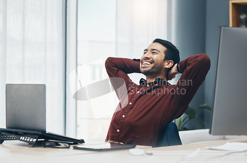 Image of Smile, relax and business man in office after completing project or task in workplace. Laughing, thinking and happy male professional relaxing or resting after finishing working, goals and targets.