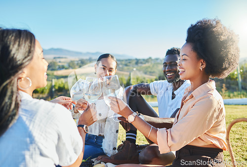 Image of Toast, nature or friends on a picnic to relax on holiday vacation to celebrate diversity or freedom. Cheers, wine and people with a happy smile, support or love in celebration of birthday or reunion