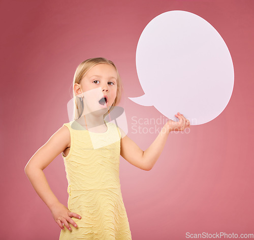 Image of Speech bubble, talking and portrait of child on pink background for news, announcement and opinion. Speaking, communication and girl with open mouth and poster, banner and billboard space in studio