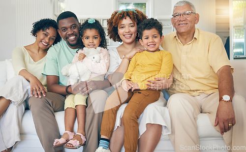 Image of Portrait, happy and family on couch, quality time and bonding with rest, relax and loving together. Face, grandparents and father with mother, siblings and children on sofa, relationship or happiness