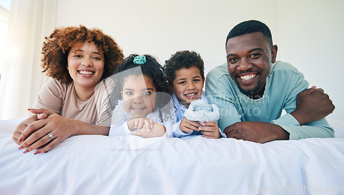 Image of Family, portrait and parents with children and love, relax at home and spending time together with bonding and care. Happy people, mom and dad with kids, diversity and smile, unity and relationship