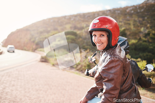 Image of Travel, motorcycle and portrait of senior woman with man on a road for driving, adventure and freedom. Face, bikers and old couple on motorbike, happy and having fun on retirement, journey or highway