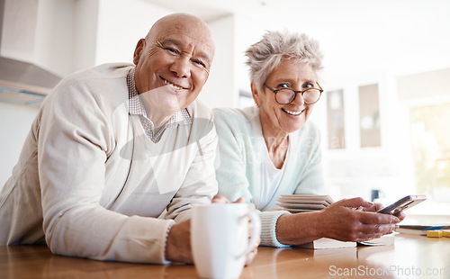 Image of Portrait, senior and old interracial couple relax in home kitchen in the morning with coffee happy, smile and confident together. Old man and elderly woman on counter enjoying retirement in happiness