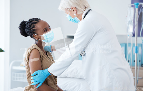 Image of Medical, covid and vaccine with doctor and black woman for advice, treatment and results. Healthcare, medicine and protection with patient and expert for examination, prevention and outbreak