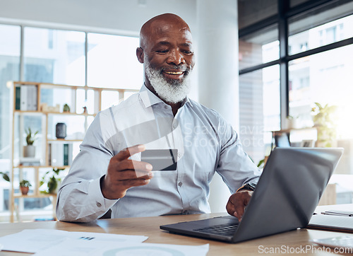 Image of Happy man, business credit card and laptop for ecommerce, finance and accounting in office. Manager, computer and financial payment of budget, fintech trading and banking for investment economy