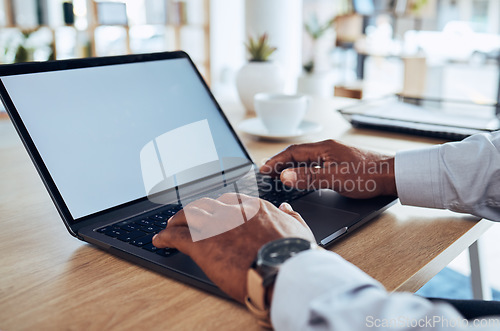 Image of Man, hands and mockup on laptop keyboard, marketing space and planning online administration. Closeup worker, mock up computer screen and technology for research, seo or advertising placeholder