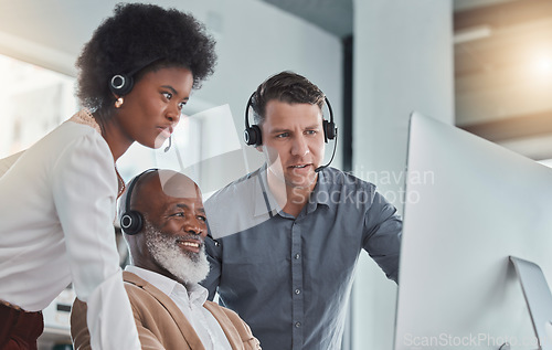 Image of Help, call center and team for telemarketing, talking and collaboration for system update, crm company and process. Staff, employees and consultants in office, customer service and technical support