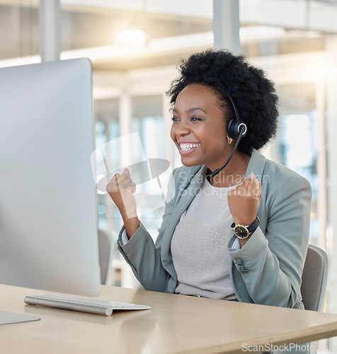 Image of Call center, success and black woman consultant in the office in celebration for achievement. Happy, celebrate and professional African female customer service representative on online consultation.