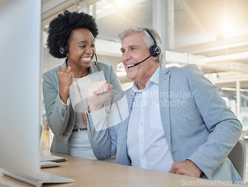 Image of Call center, teamwork and black woman with man celebrate achievement at winning help desk for support. Customer service team at office, happy and excited advisory agency and celebration of diversity.