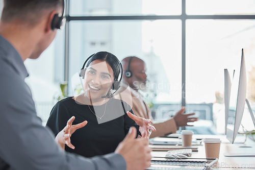 Image of Break, teamwork or people in call center talking in communications company workplace together. Crm customer services, help desk or happy sales agents, consultants or friends relax and chat in office