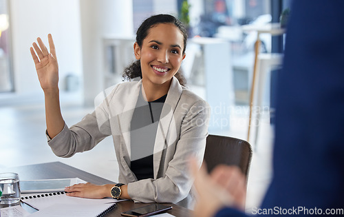 Image of Wave, greeting and businesswoman happy for meeting with corporate colleague in an office of startup company. Smile, waving and female professional employee or entrepreneur as a leader at workplace