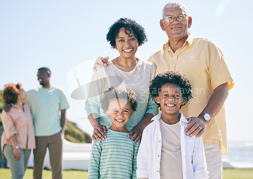 Image of Smile, beach and portrait of children with grandparents enjoy holiday, summer vacation and weekend. Black family, happy and grandpa, grandmother and kids excited for quality time, relax and bonding