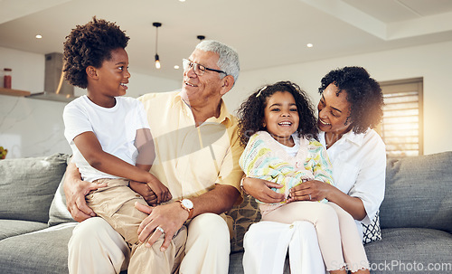 Image of Grandparents, grandchildren and children with elderly people in a home bonding, playing and enjoying quality time together. Kids, grandmother and grandfather relax with grandkids for holiday