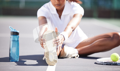Image of Fitness, stretching and shoes of woman on tennis court for sports, training and competition practice. Workout, exercise and wellness with athlete and warm up in club for games, start and challenge