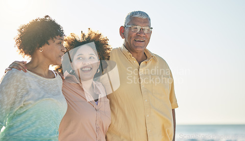 Image of Family, parents and adult daughter, travel and vacation at beach, love and care outdoor with smile and freedom. Support, unity and happiness, old man and women by the ocean on holiday in Australia