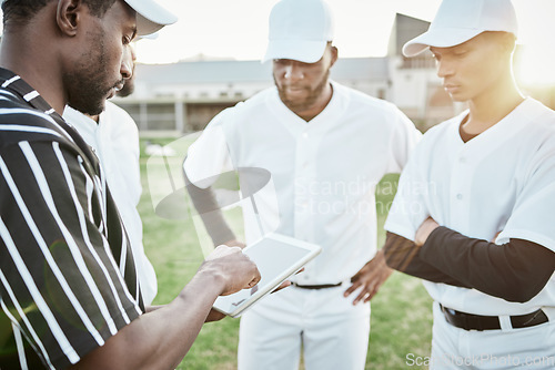 Image of Fitness, team and black man with coach, tablet and planning for training, competition and workout for wellness. Exercise, Nigerian male trainer and players on field, device and conversation for game