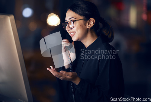 Image of Phone call communication, office night or woman proposal, plan or feedback idea on telephone chat with investment contact. Networking conversation, discussion or agent talking, speaking or consulting