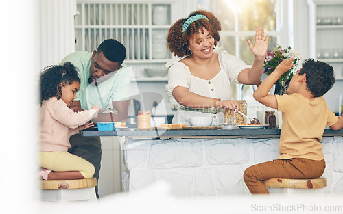 Image of Love, morning breakfast food and black family children, mother and father eating meal, bonding and prepare ingredients. High five, home kitchen or hungry mom, dad and young youth kids happy for lunch