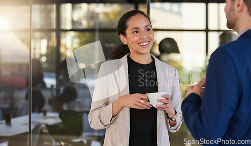 Image of Coffee, happy and business people talking in office building, relax and happy while chatting. Team, woman and man enjoying conversation, break and sharing idea, plan or networking in the morning