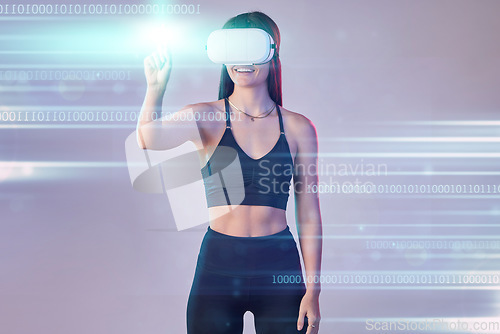 Image of Cyber light, vr or woman in metaverse on studio background digital gaming on cyber sports for fitness. Smile, hand touch or virtual reality user or girl gamer in futuristic 3d ai scifi experience