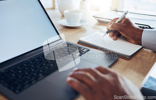 Image of Hands, laptop and man writing notes for business schedule, office administration and reminder. Closeup worker, computer planning and notebook of ideas, information and strategy planner at table
