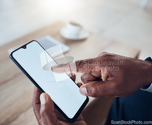 Image of Man, hands and mockup smartphone screen for marketing space, online app or digital website. Closeup, mock up mobile and cellphone technology for search, social media and advertising placeholder