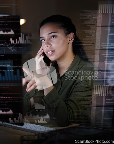 Image of Phone call, overlay and finance with a business woman using an ai or 3d dashboard to access a global network. Data, accounting and digital with a fintech employee doing internet research to invest