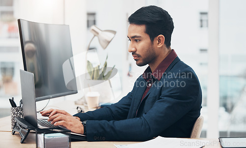 Image of Laptop, office administration and business man typing on finance spreadsheet, bank software or financial accounting. Bookkeeping data, management profile and consultant problem solving payroll system