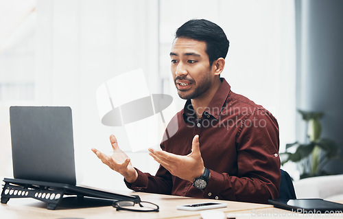 Image of Video call, laptop and business man in office talking, chatting or speaking. Webinar, online meeting and serious male professional with computer for virtual conference, discussion and conversation.