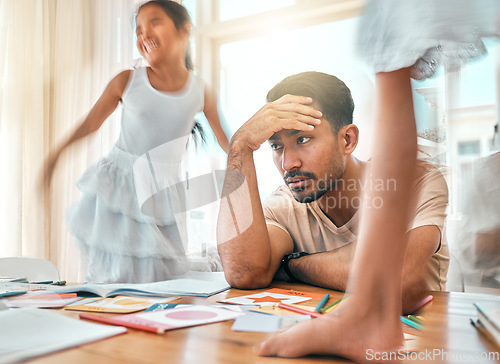 Image of Headache, kids and father with stress, motion blur and children with adhd, noise or energy. Dad, male or young people with blur, male with migraine or burnout in living room, anxiety and hyper active