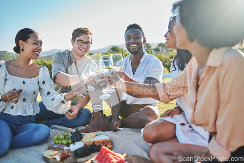 Image of Toast, nature or friends on a picnic to relax on holiday vacation to celebrate diversity or freedom. Cheers, wine and people with a happy smile, support or love in celebration of birthday or reunion